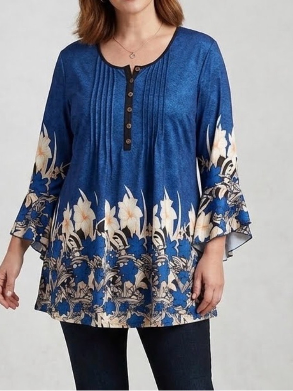 Blue and Cream Tunic with Bell Sleeves and Pleated Details